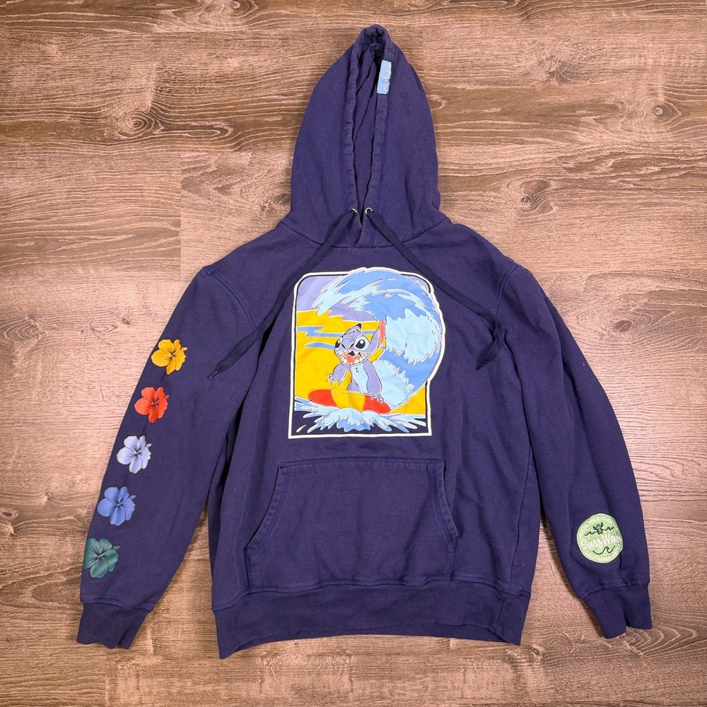 Disney Mens XL Stitch Surfing Hoodie Blue Surfs UP Kaua'i Cotton Blend